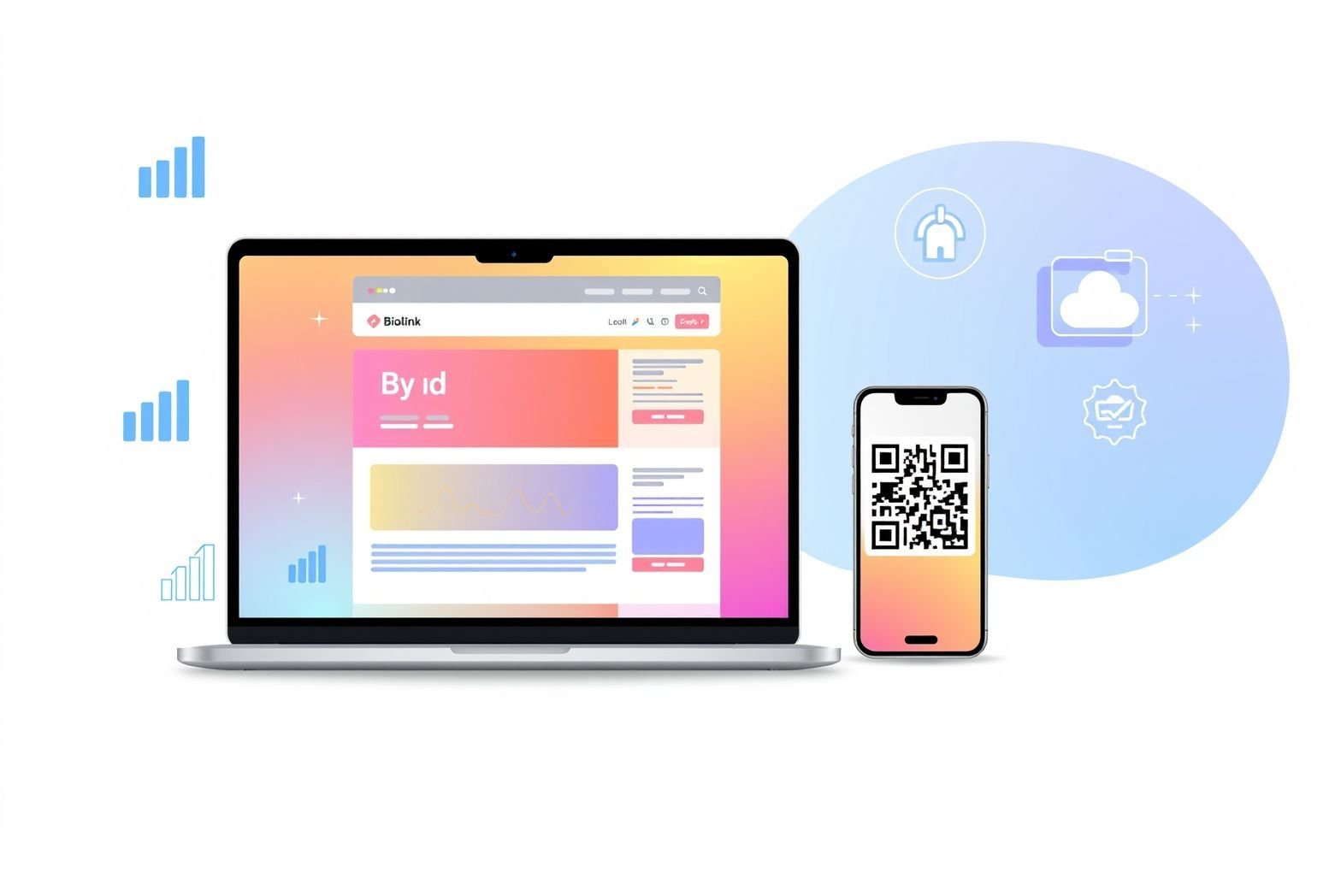 A modern and professional image illustrating the concept of digital tools for brand growth. At the center, a sleek laptop screen features a visually engaging bio link page, personalized with vibrant colors and branded icons. To its side,